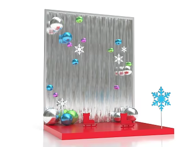 Festive Holiday Decoration Display With Silver Backdrop Colorful Ornaments Snowflakes And Red Base 3d model