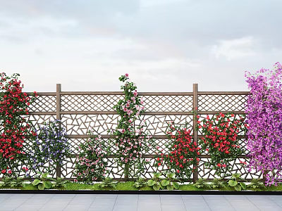 Vibrant Plant Combination with Climbing Vines on Wooden Lattice Fence and Low Green Plants 3d model