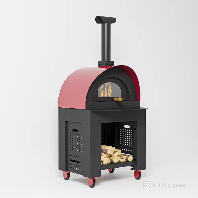Red And Black Freestanding Fireplace With Burning Fire And Stacked Firewood 3d model 