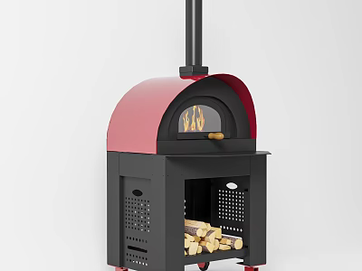 Red And Black Freestanding Fireplace With Burning Fire And Stacked Firewood 3d model