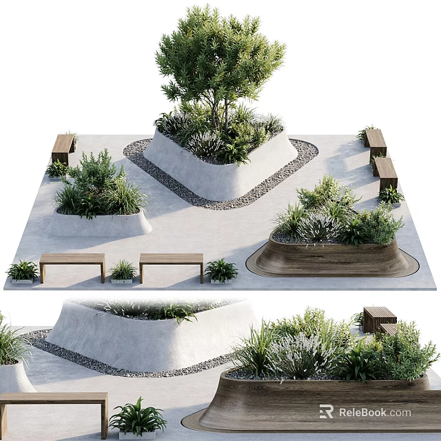 Garden Landscape with Concrete Planters Trees Plants Wooden Benches Paved Ground and Gravel Accents 3d model 