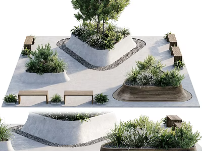 Garden Landscape with Concrete Planters Trees Plants Wooden Benches Paved Ground and Gravel Accents 3d model