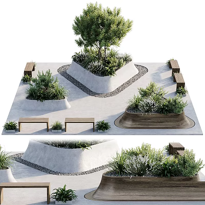 Garden Landscape with Concrete Planters Trees Plants Wooden Benches Paved Ground and Gravel Accents 3d model