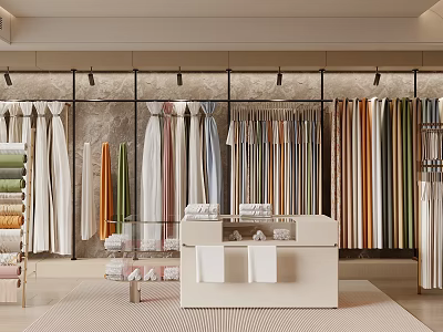 Textile Store Interior With Colorful Curtains Fabrics On Display Racks And Counter 3d model