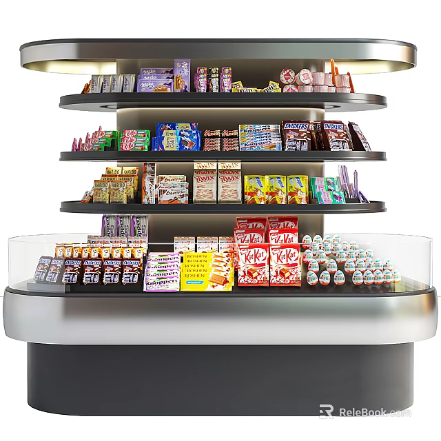 Multi Tiered Retail Display Shelf Showcasing Various Snacks Drinks And Packaged Foods 3d model