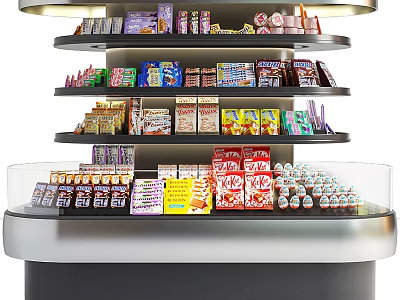 Multi Tiered Retail Display Shelf Showcasing Various Snacks Drinks And Packaged Foods 3d model