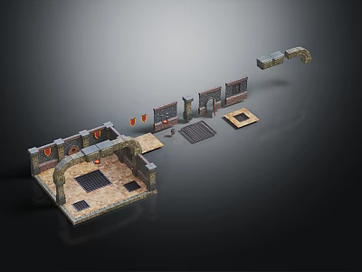 Detailed Medieval Scene Components With Stone Arch Walls Floor Slabs And Decorative Elements 3d model