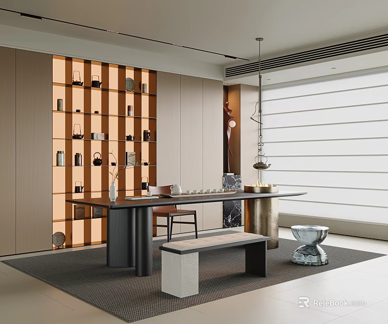 Modern Tea Room Interior Design With Wooden Shelves Tea Sets Long Table And Natural Light 3d model 