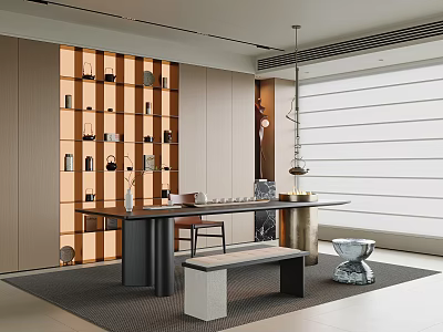 Modern Tea Room Interior Design With Wooden Shelves Tea Sets Long Table And Natural Light 3d model