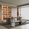 Modern Tea Room Interior Design With Wooden Shelves Tea Sets Long Table And Natural Light