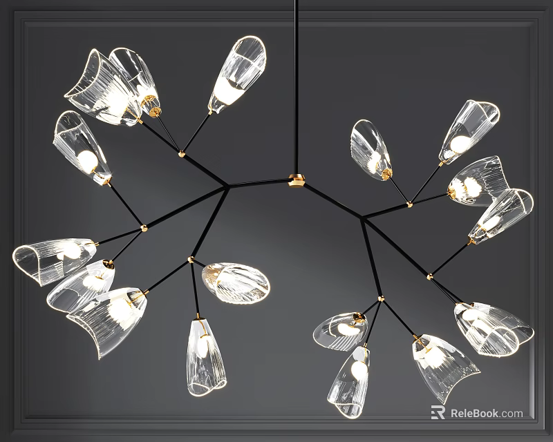 Modern Branch Chandelier With Transparent Glass Petal Shades Black Metal Frame And Gold Accents 3d model 