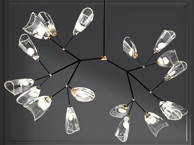 Modern Branch Chandelier With Transparent Glass Petal Shades Black Metal Frame And Gold Accents 3d model