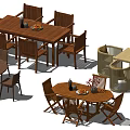 Wooden Dining Table And Chair Sets With Round Rectangular Designs And Decorative Plates Plants 3d model