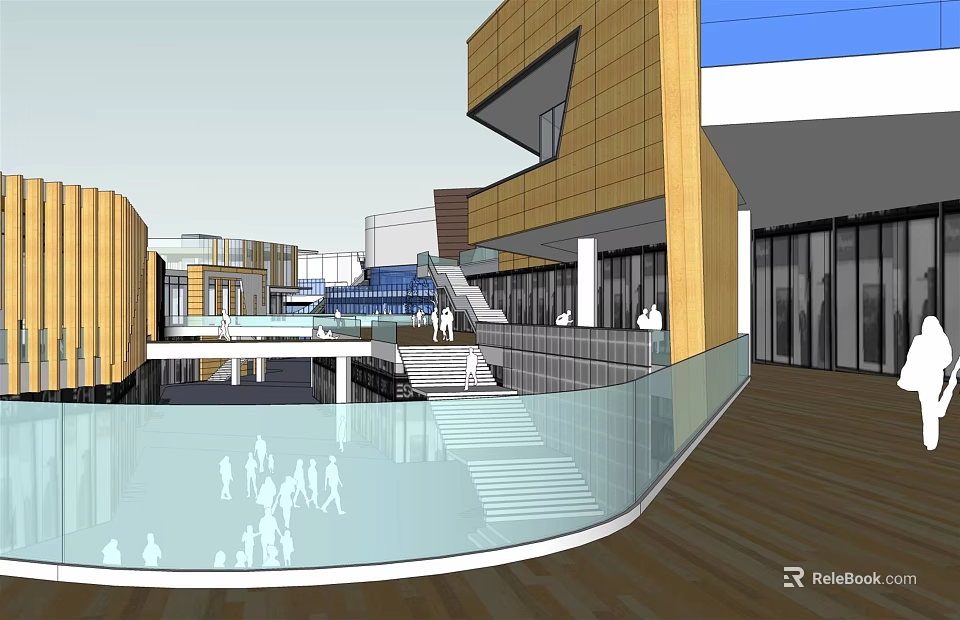 Modern Commercial Street With Glass Curtain Walls Wooden Design Pedestrian Area And Staircases 3d model 