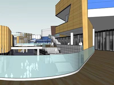 Modern Commercial Street With Glass Curtain Walls Wooden Design Pedestrian Area And Staircases 3d model