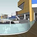 Modern Commercial Street With Glass Curtain Walls Wooden Design Pedestrian Area And Staircases