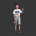 Little Boy In Gray Background Wearing White T-shirt Gray Shorts Blue Sneakers And Peace Sign
