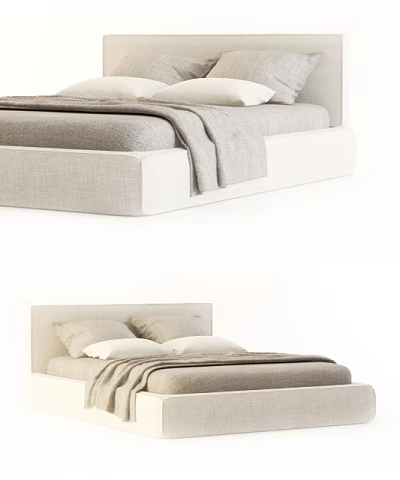 Minimalist Double Bed With Linen Upholstered Frame Soft Pillows And Light Gray Blanket 3d model