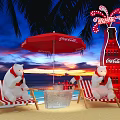 Coca-Cola Themed Beach Scene With Polar Bear Dolls Beach Chairs And Neon Bottle