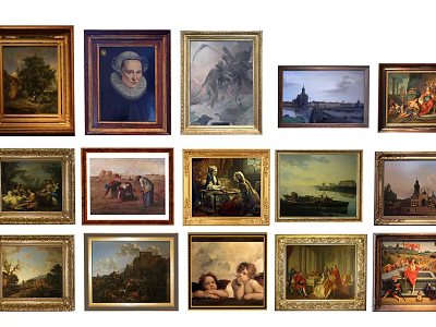 Multiple Oil Paintings Featuring Landscapes Portraits And Architecture In Decorative Frames 3d model