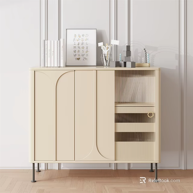 Modern Beige Entryway Cabinet Sideboard With Curved Doors Drawers And Decorative Items 3d model