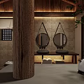 Hotel Guest Room With Wooden Ceiling Flooring Large Bed Round Woven Rug And Decorative Painting