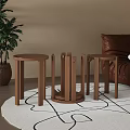 Modern Living Room Interior With Brown Leather Sofa Round Wooden Side Tables And Green Plant