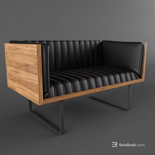 Modern Two Seater Sofa With Black Leather Upholstery Wooden Armrests And Metal Legs Design 3d model 