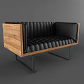 Modern Two Seater Sofa With Black Leather Upholstery Wooden Armrests And Metal Legs Design