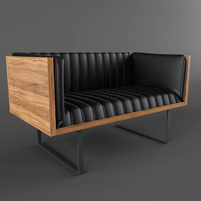 Modern Two Seater Sofa With Black Leather Upholstery Wooden Armrests And Metal Legs Design 3d model