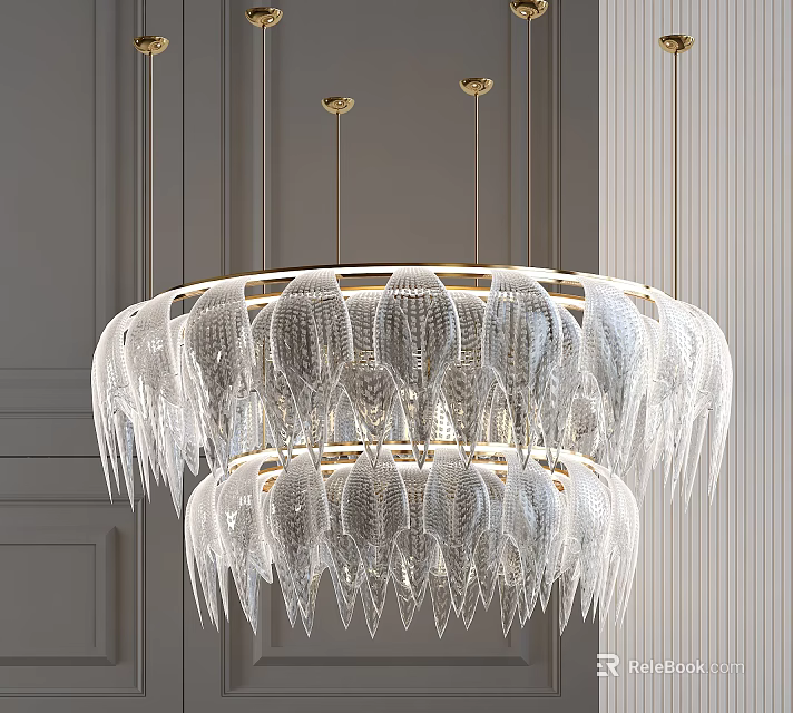 Elegant Modern Crystal Chandelier with Two Tier Hanging Crystal Droplets and Golden Ceiling Rods 3d model 
