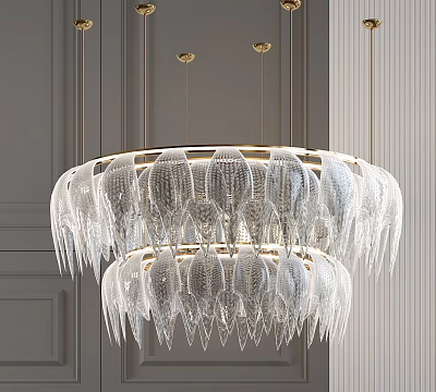 Elegant Modern Crystal Chandelier with Two Tier Hanging Crystal Droplets and Golden Ceiling Rods 3d model