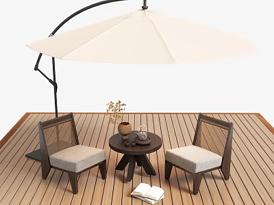 Stylish Outdoor Chairs With Cushioned Seats On Wooden Deck With Umbrella And Side Table 3d model