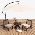 Stylish Outdoor Chairs With Cushioned Seats On Wooden Deck With Umbrella And Side Table