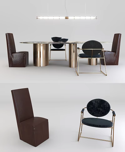 Elegant Dining Table Set With Brown Leather Chairs Black Seats And Gold Metal Frame 3d model