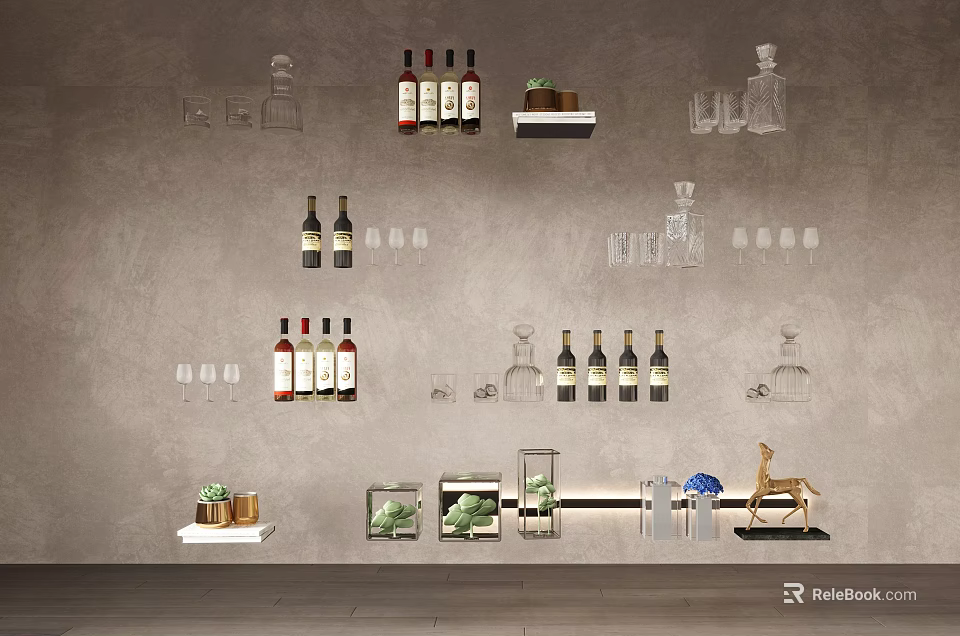 Contemporary Interior Wall Shelves With Assorted Wine Bottles Elegant Glasses And Decor Pieces 3d model 