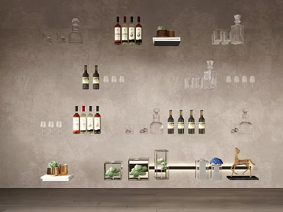 Contemporary Interior Wall Shelves With Assorted Wine Bottles Elegant Glasses And Decor Pieces 3d model