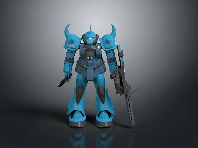 Blue Robot Character With Horns And Armor Standing Pose Holding Weapon In Game Anime Design 3d model