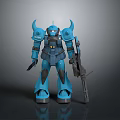 Blue Robot Character With Horns And Armor Standing Pose Holding Weapon In Game Anime Design