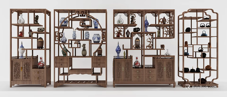 Chinese Style Wooden Display Shelf With Porcelain Vases And Decorative Ornaments 3d model 