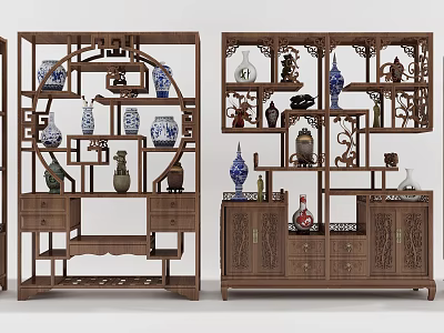 Chinese Style Wooden Display Shelf With Porcelain Vases And Decorative Ornaments 3d model