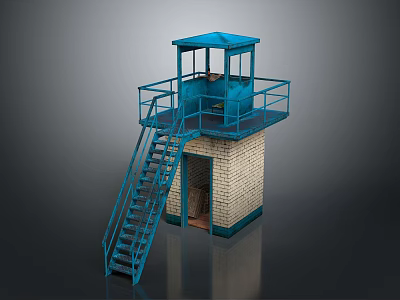 Blue Watchtower Structure With Metal Staircase Railing And Brick Base 3d model