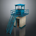 Blue Watchtower Structure With Metal Staircase Railing And Brick Base