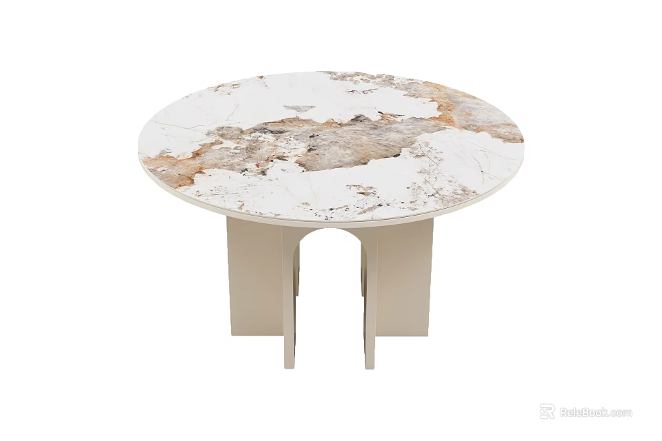 Round Dining Table With White Beige Brown Marble Top And Curved Minimalist Legs 3d model 