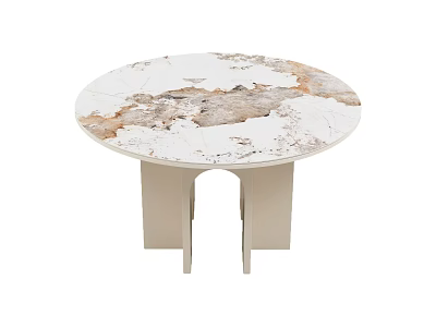 Round Dining Table With White Beige Brown Marble Top And Curved Minimalist Legs 3d model