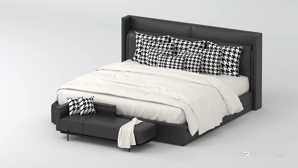 Double Bed With Black Headboard White Bedding Checkered Pillows And Bench With Cushion Throw 3d model