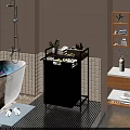 Black Bathroom Storage Rack With Shelves Towels Plant And Toiletries In Modern Bathroom