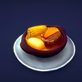 Hearty Stew with Corn Pumpkin and Meat Chunks in Dark Bowl on White Plate