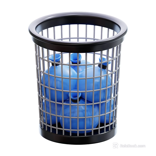 Black Metal Mesh Trash Can With Blue Plastic Bottles For Household Use 3d model 