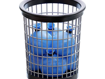 Black Metal Mesh Trash Can With Blue Plastic Bottles For Household Use 3d model